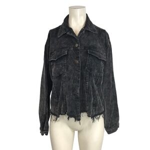 POL Outsized Corduroy Trucker Jacket Distressed Frayed Hem Black Size S